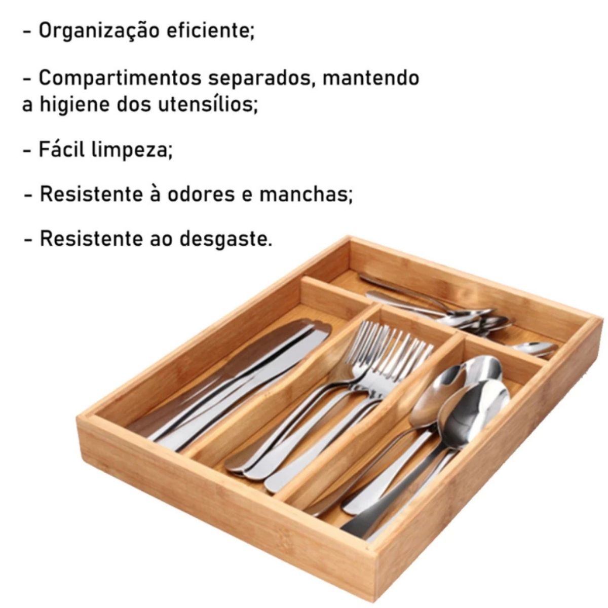 Porta Talheres Bambu 4 Divisórias Organizador Gaveta Bancada Prático Natural
