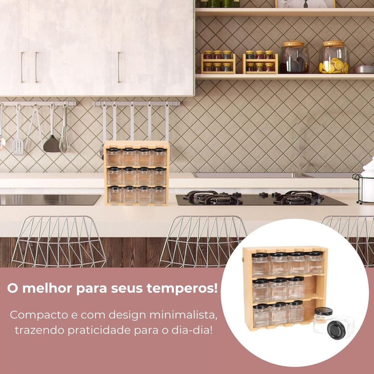 Porta temperos em bambu com 12 potes herméticos para organização de cozinha.
