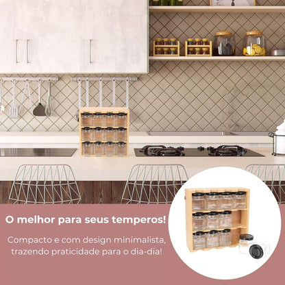 Porta temperos em bambu com 12 potes herméticos para organização de cozinha.