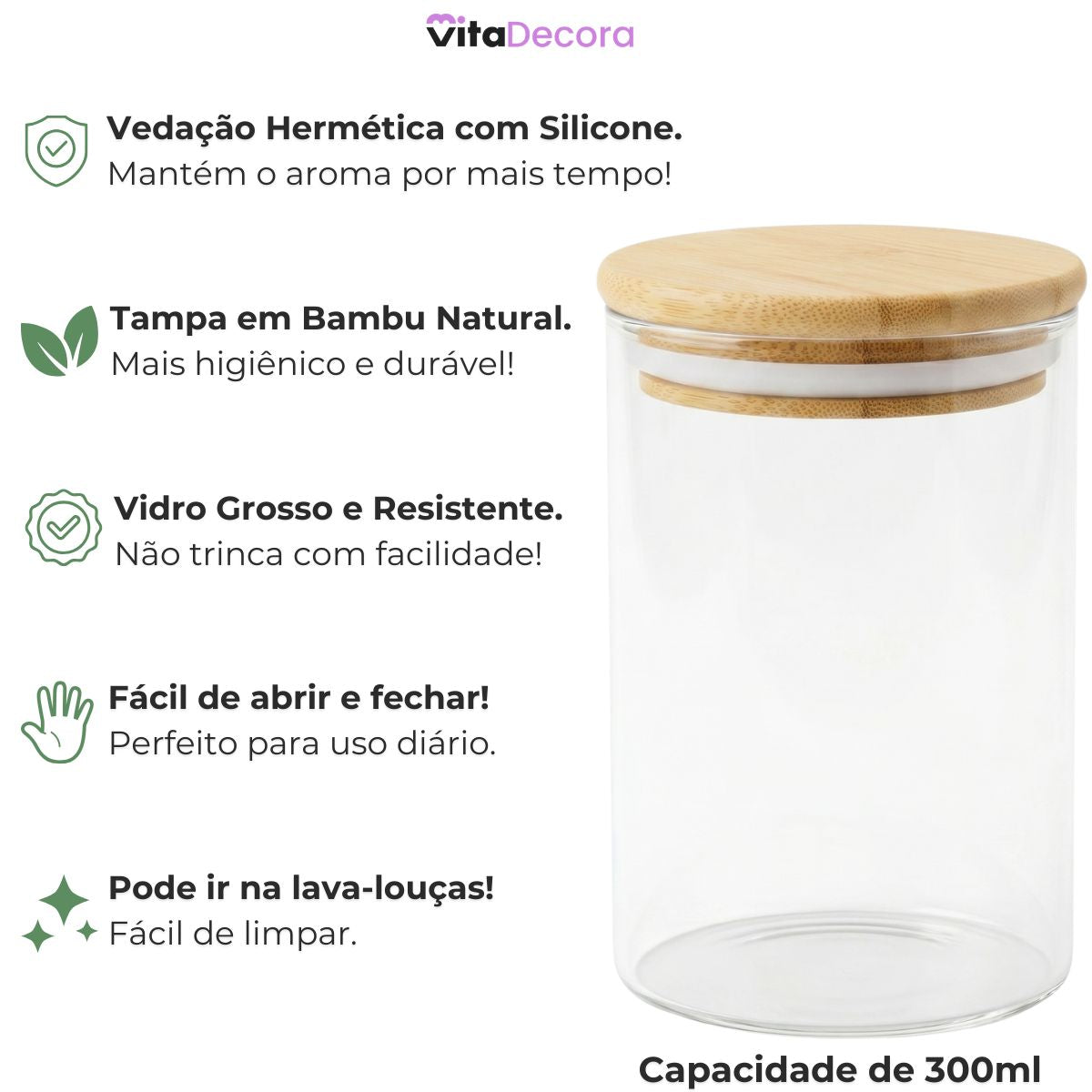 Kit Potes De Vidro 300ml Borossilicato Condimentos Temperos Com Tampa De Bambu