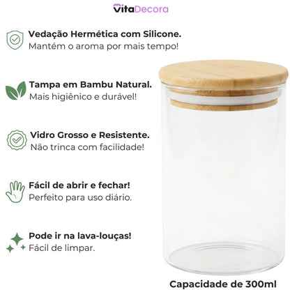 Kit Potes De Vidro 300ml Borossilicato Condimentos Temperos Com Tampa De Bambu