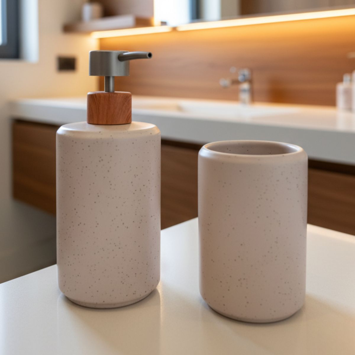 Kit Banheiro 2 Peças Lavabo Conjunto Saboneteira Dispenser e Porta Escovas Porcelana