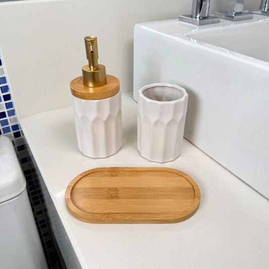 Kit Banheiro Elegance 3 Peças - Conjunto Dispenser, Porta Escova e Bandeja em Bambu