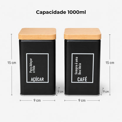 Kit 2 Potes para Cafe e Açucar em Metal Cantinho Cafe Preto