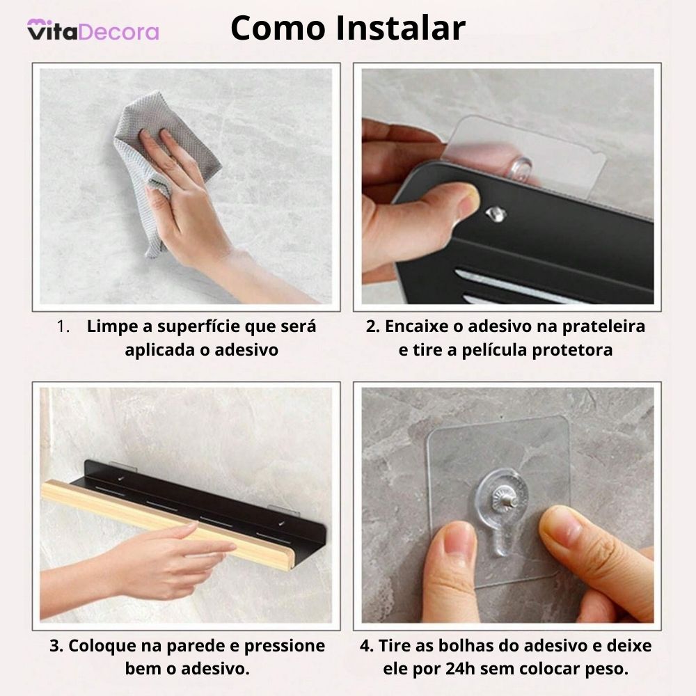 VitaLux - Prateleira Organizadora Parede em Alumínio e Madeira + Kit Adesivos ProFix