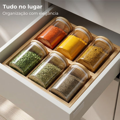 Kit Potes De Vidro 300ml Borossilicato Condimentos Temperos Com Tampa De Bambu