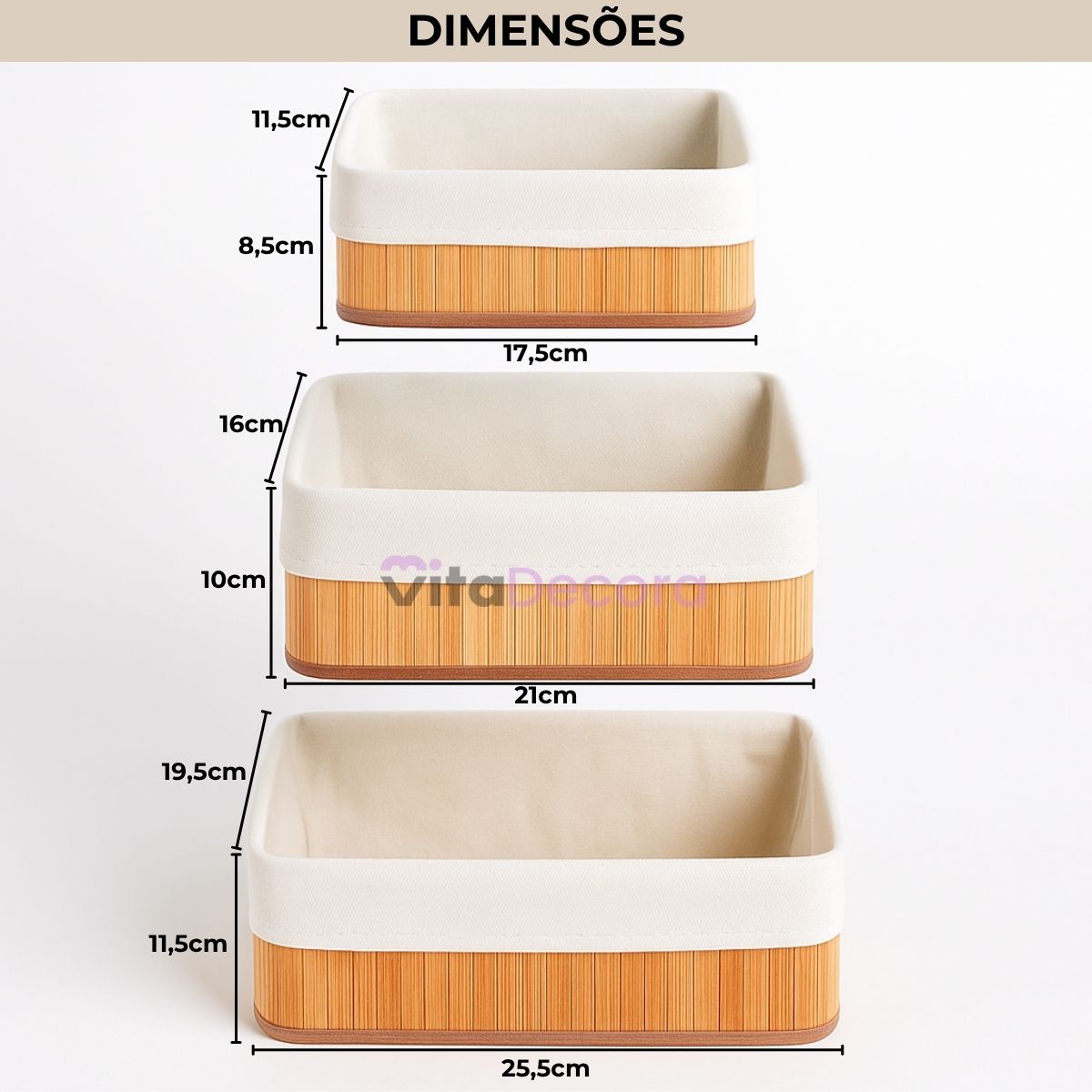 Kit 3 Cestos Organizadores Bambu Tecido Lavável Multiuso