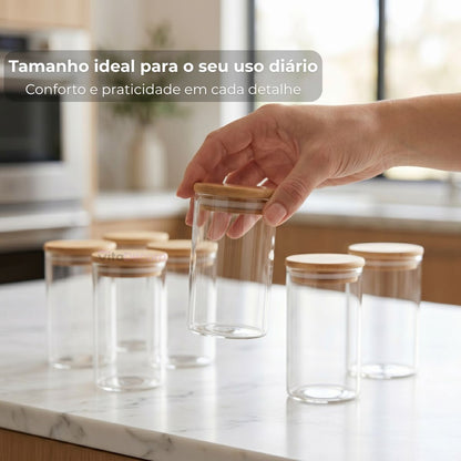 Kit Potes De Vidro 300ml Borossilicato Condimentos Temperos Com Tampa De Bambu