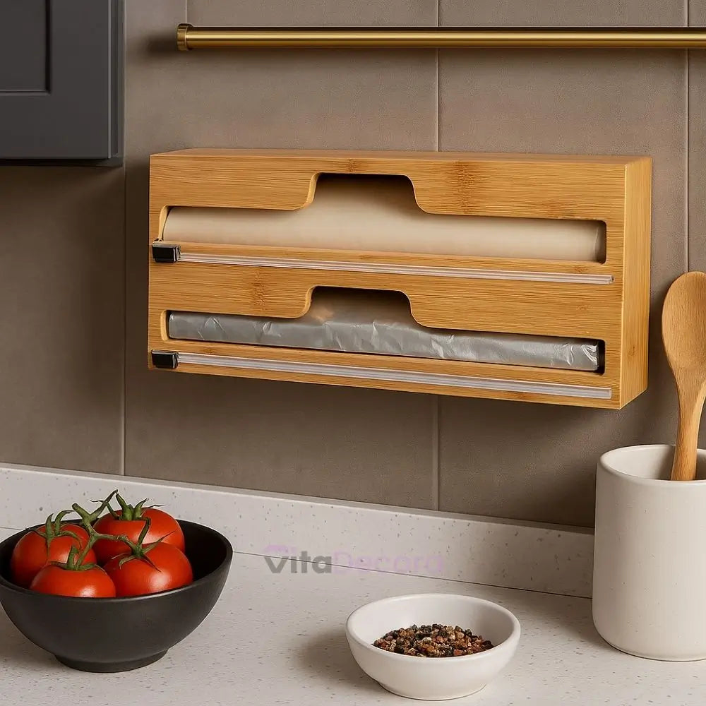 VitaPratic - Dispenser Duplo em Bambu - Cortador Papel Alumínio e PVC