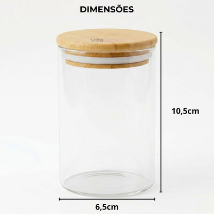 Kit Potes De Vidro 300ml Borossilicato Condimentos Temperos Com Tampa De Bambu