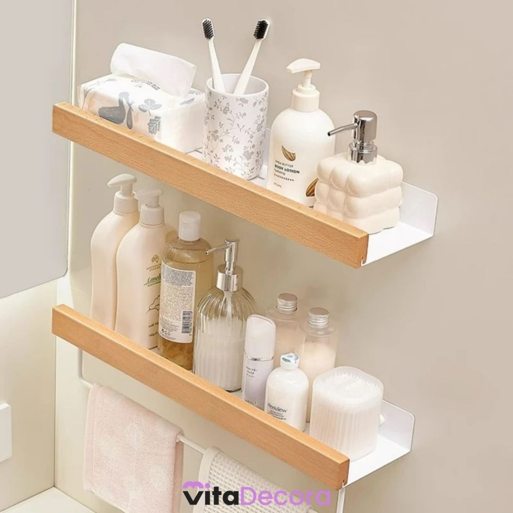 VitaLux - Prateleira Organizadora Parede em Alumínio e Madeira + Kit Adesivos ProFix