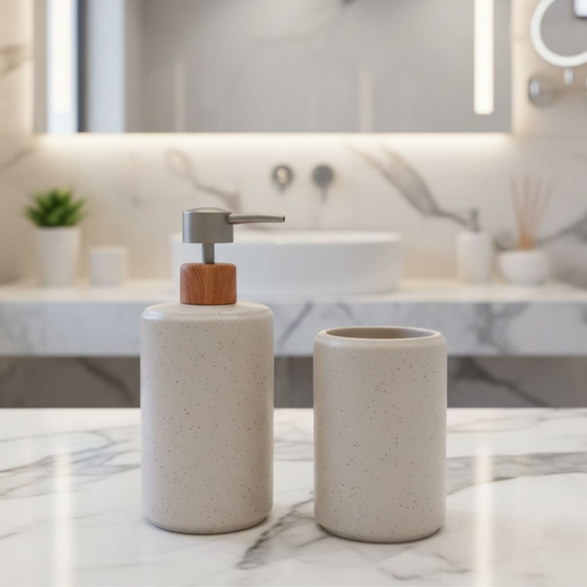 Kit Banheiro 2 Peças Lavabo Conjunto Saboneteira Dispenser e Porta Escovas Porcelana