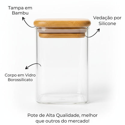 Kit 12 Pote Porta Tempero Hermético 200ml + Organizador em Bambu