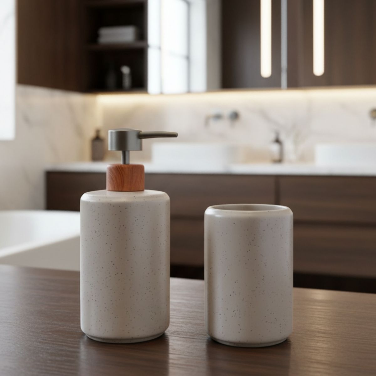 Kit Banheiro 2 Peças Lavabo Conjunto Saboneteira Dispenser e Porta Escovas Porcelana