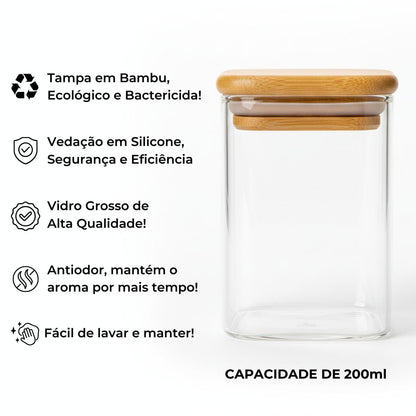 Kit 12 Pote Porta Tempero Hermético 200ml + Organizador em Bambu