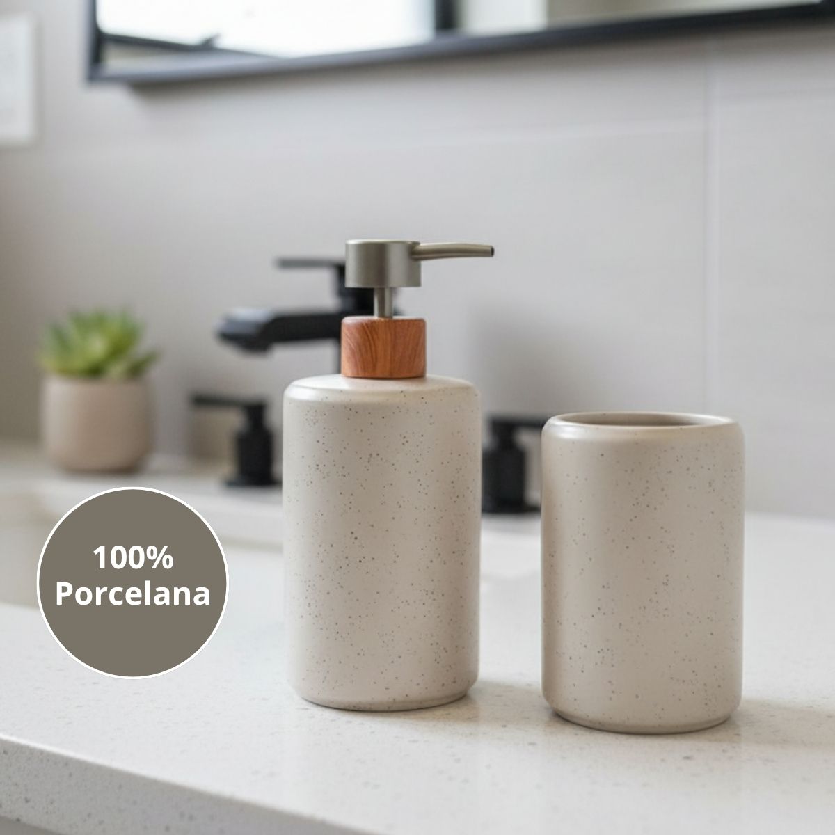 Kit Banheiro 2 Peças Lavabo Conjunto Saboneteira Dispenser e Porta Escovas Porcelana