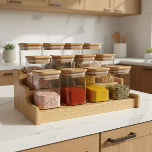 Kit 12 Pote Porta Tempero Hermético 200ml + Organizador em Bambu de BRINDE