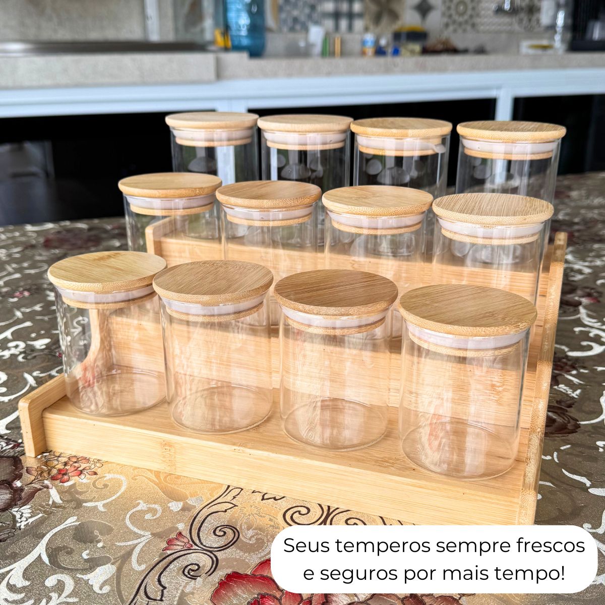 Kit 12 Potes Porta Tempero Hermético 200ml Com Organizador em Bambu Redondo