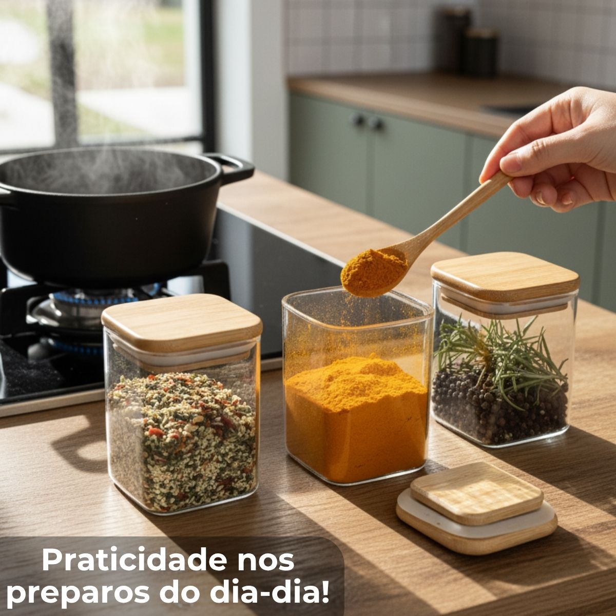 Kit 12 Pote Porta Tempero Hermético 200ml + Organizador em Bambu