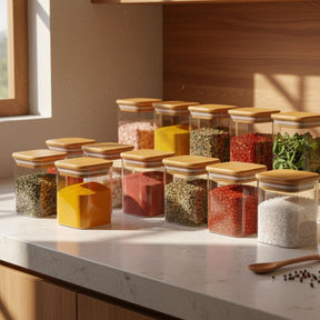 Kit 12 Pote Porta Tempero Hermético 200ml + Organizador em Bambu de BRINDE