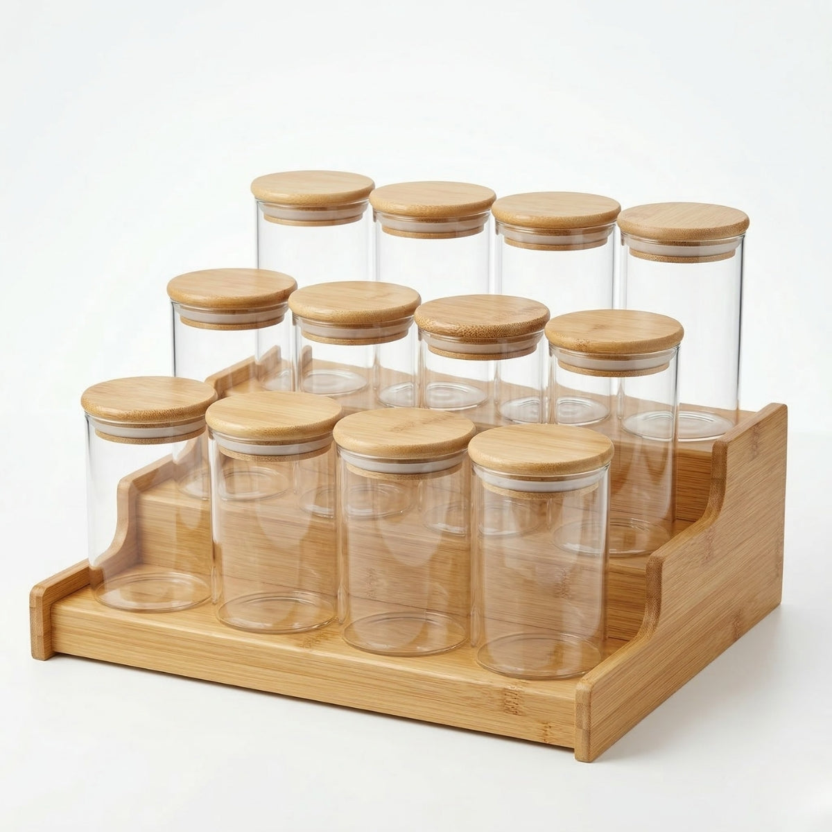 Kit 12 Pote Porta Tempero Hermético 300ml + Base Escada em Bambu