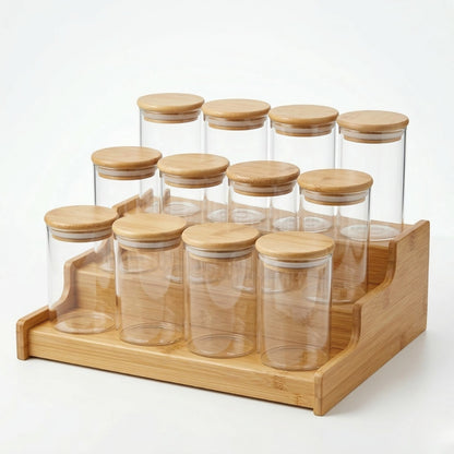 Kit 12 Pote Porta Tempero Hermético 300ml + Base Escada em Bambu