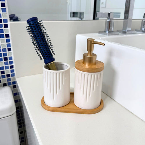 Kit Banheiro lavabo Drip - Conjunto Porcelana Base Bambu Saboneteira Porta Escova 3 Peças