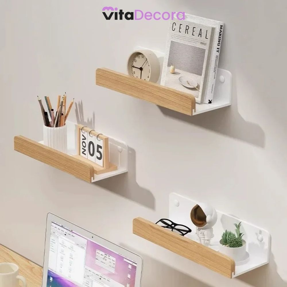 VitaLux - Prateleira Organizadora Parede em Alumínio e Madeira + Kit Adesivos ProFix