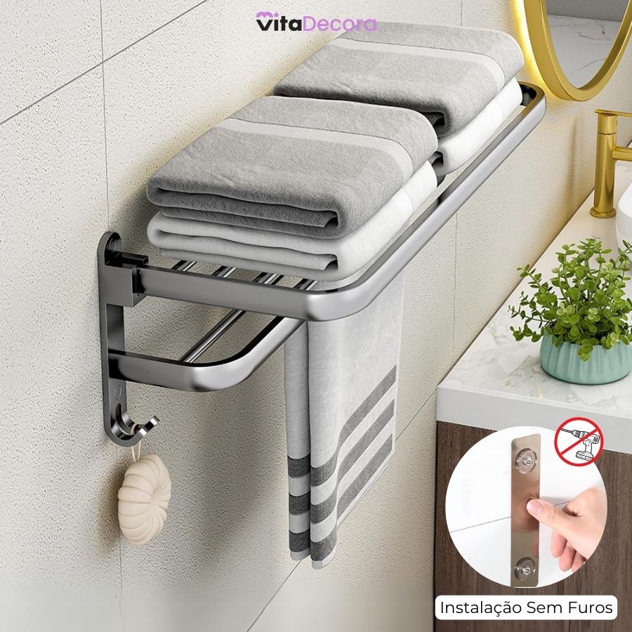 Porta-Toalhas Retrátil em Alumínio com Adesivos + 2un Porta Shampoo de BRINDE!