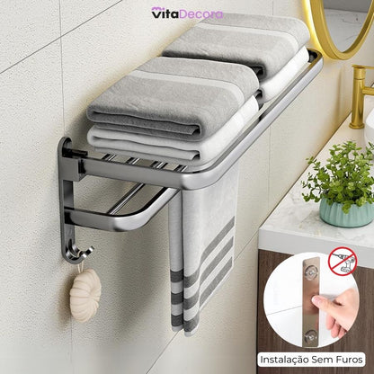 Porta-Toalhas Retrátil em Alumínio com Adesivos + 2un Porta Shampoo de BRINDE!