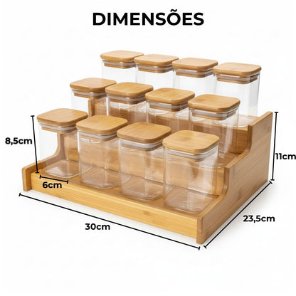 Kit 12 Pote Porta Tempero Hermético 200ml + Organizador em Bambu