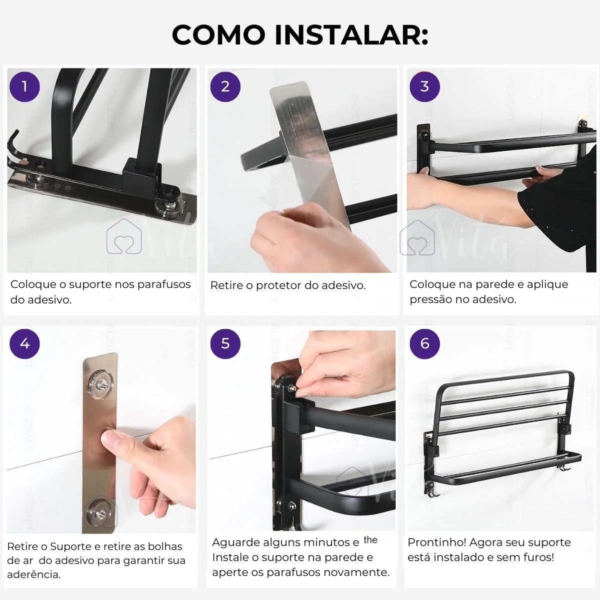 Porta-Toalhas Retrátil em Alumínio com Adesivos + 2un Porta Shampoo de BRINDE!