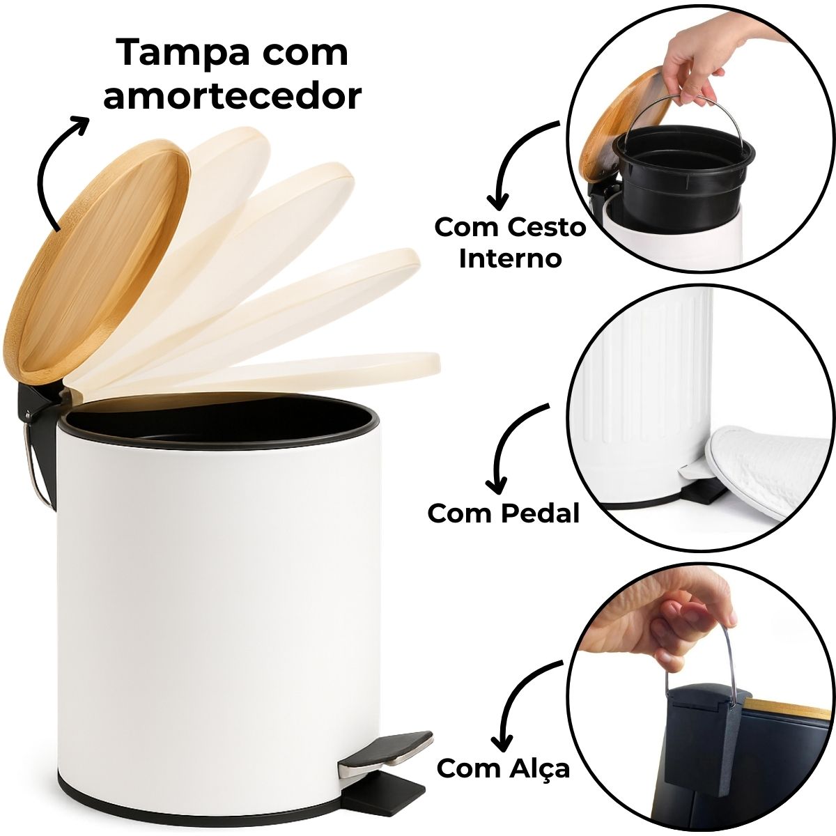 Lixeira 5L Redondo Inox com Bambu