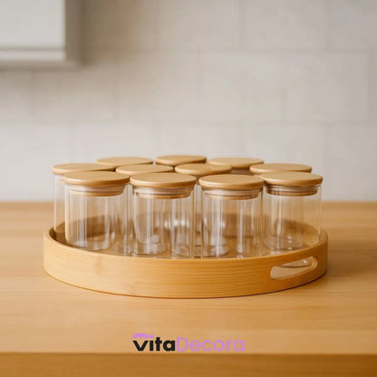 Kit 12un Porta Temperos Vidro Bambu Hermético Premium 200ml - VitaBela