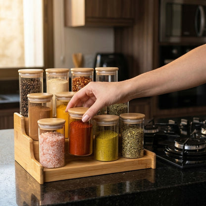 Kit 12 Pote Porta Tempero Hermético 300ml + Base Escada em Bambu