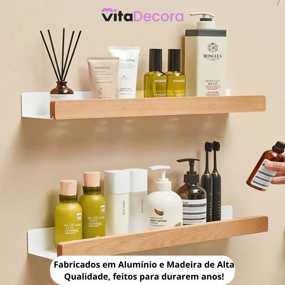 VitaLux - Prateleira Organizadora Parede em Alumínio e Madeira + Kit Adesivos ProFix