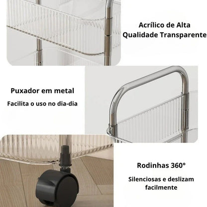 Carrinho Auxiliar Organizador Prateleira Multiuso em Acrílico Vita Decora