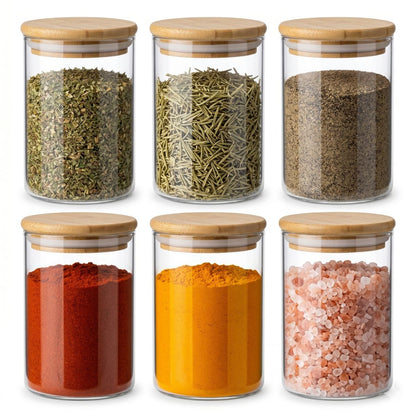 Kit Potes De Vidro 300ml Borossilicato Condimentos Temperos Com Tampa De Bambu