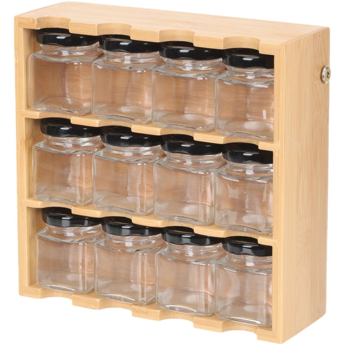 Porta temperos em bambu com 12 potes herméticos para organização de cozinha.