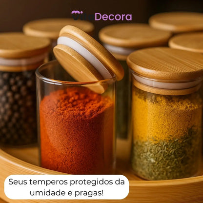 Kit 12 Porta Temperos Vidro & Bambu Premium Hermético 200ml [FRETE GRÁTIS]