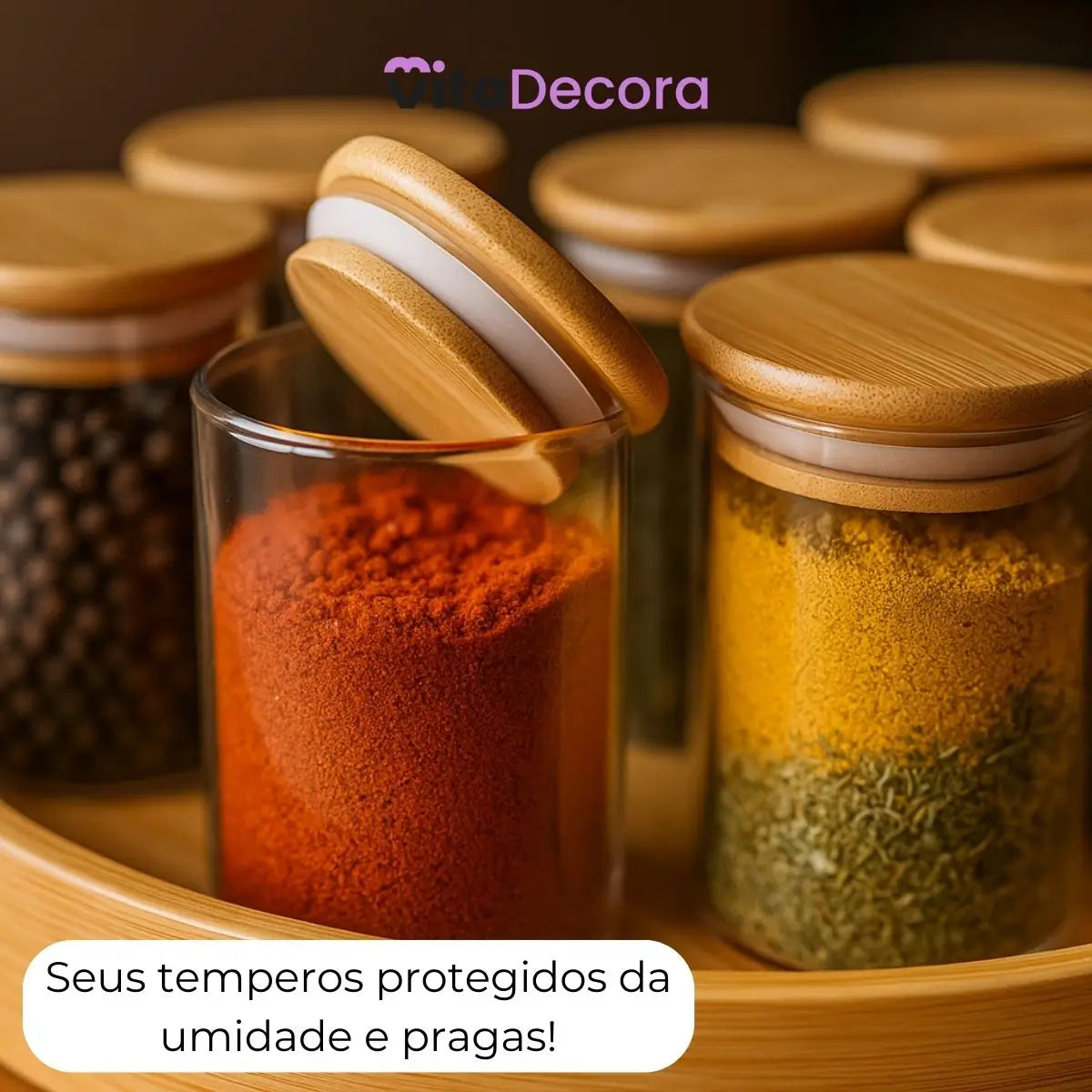 Kit 6un Porta Temperos Vidro Bambu Hermético Premium 200ml - VitaBela