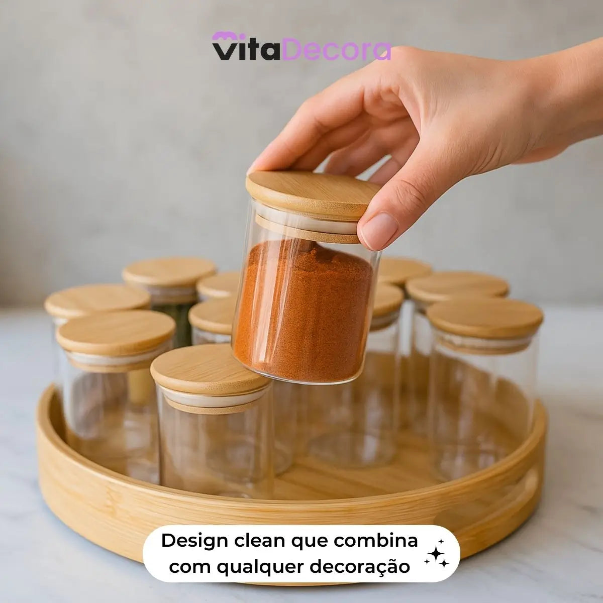 Kit 6un Porta Temperos Vidro Bambu Hermético Premium 200ml - VitaBela