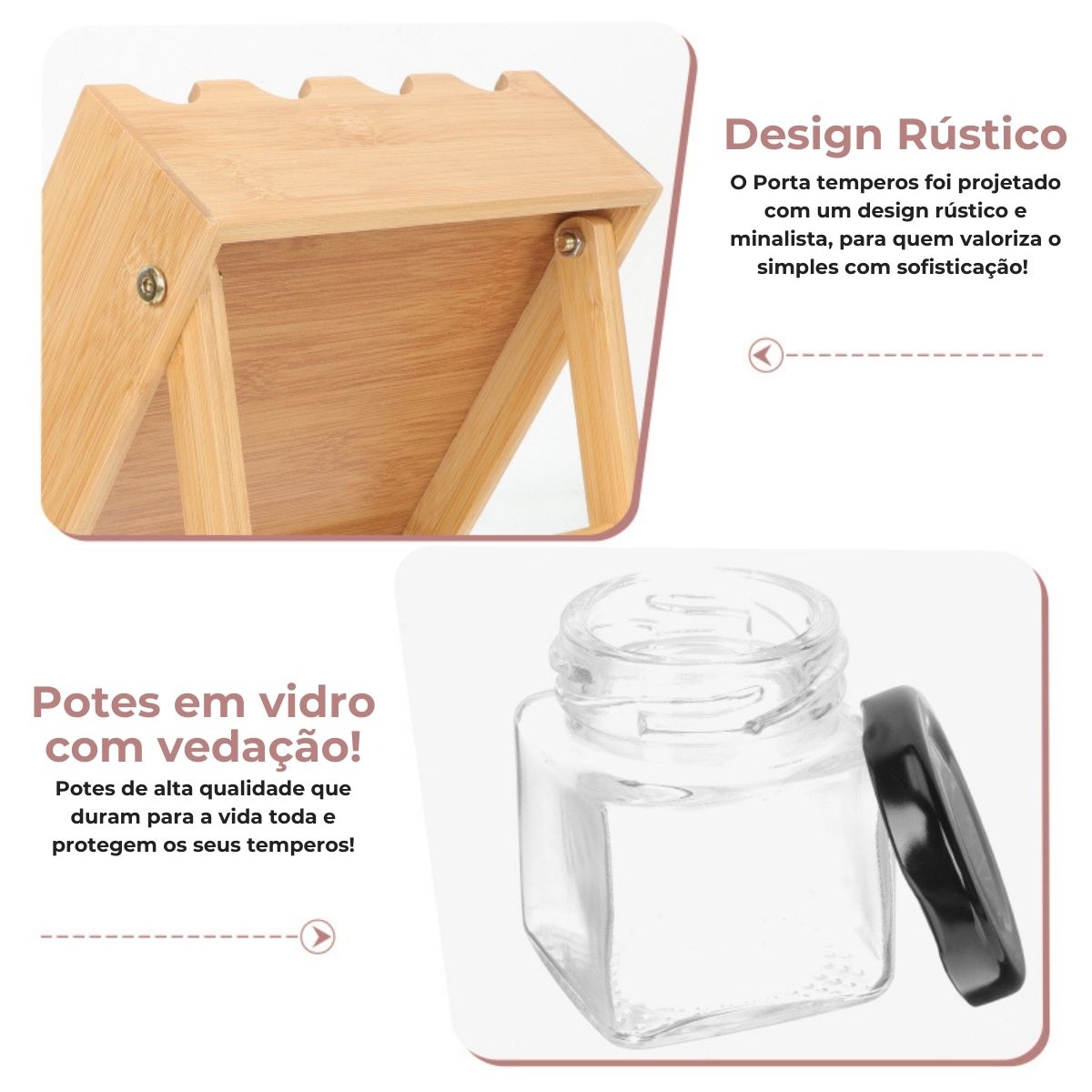 Porta temperos em bambu com 12 potes herméticos para organização de cozinha.