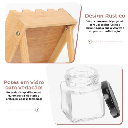 Porta temperos em bambu com 12 potes herméticos para organização de cozinha.