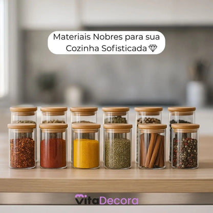 Kit 12 Porta Temperos Vidro & Bambu Premium Hermético 200ml [FRETE GRÁTIS]