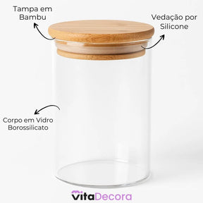 Kit 6un Porta Temperos Vidro Bambu Hermético Premium 200ml - VitaBela