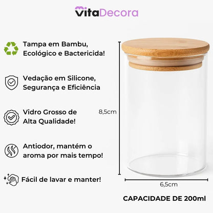 Kit 12 Porta Temperos Vidro & Bambu Premium Hermético 200ml [FRETE GRÁTIS]