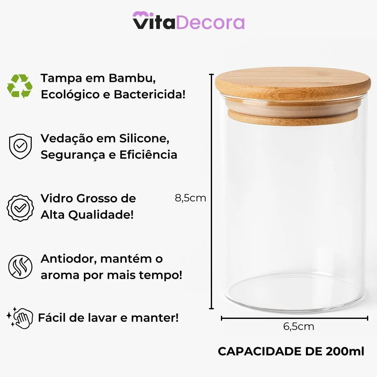 Kit 6un Porta Temperos Vidro Bambu Hermético Premium 200ml - VitaBela