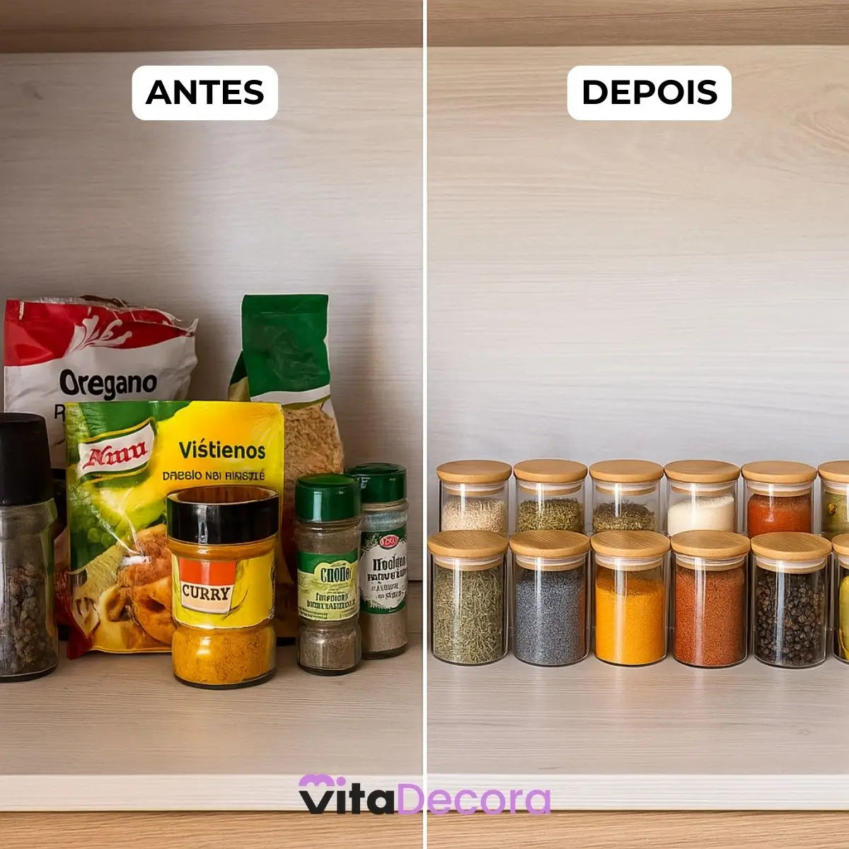 Kit 6un Porta Temperos Vidro Bambu Hermético Premium 200ml - VitaBela