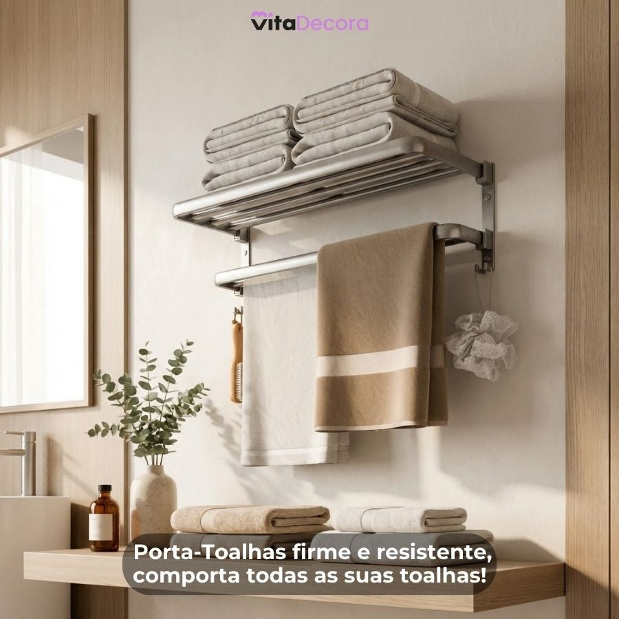 Porta-Toalhas Retrátil em Alumínio com Adesivos + 2un Porta Shampoo de BRINDE!